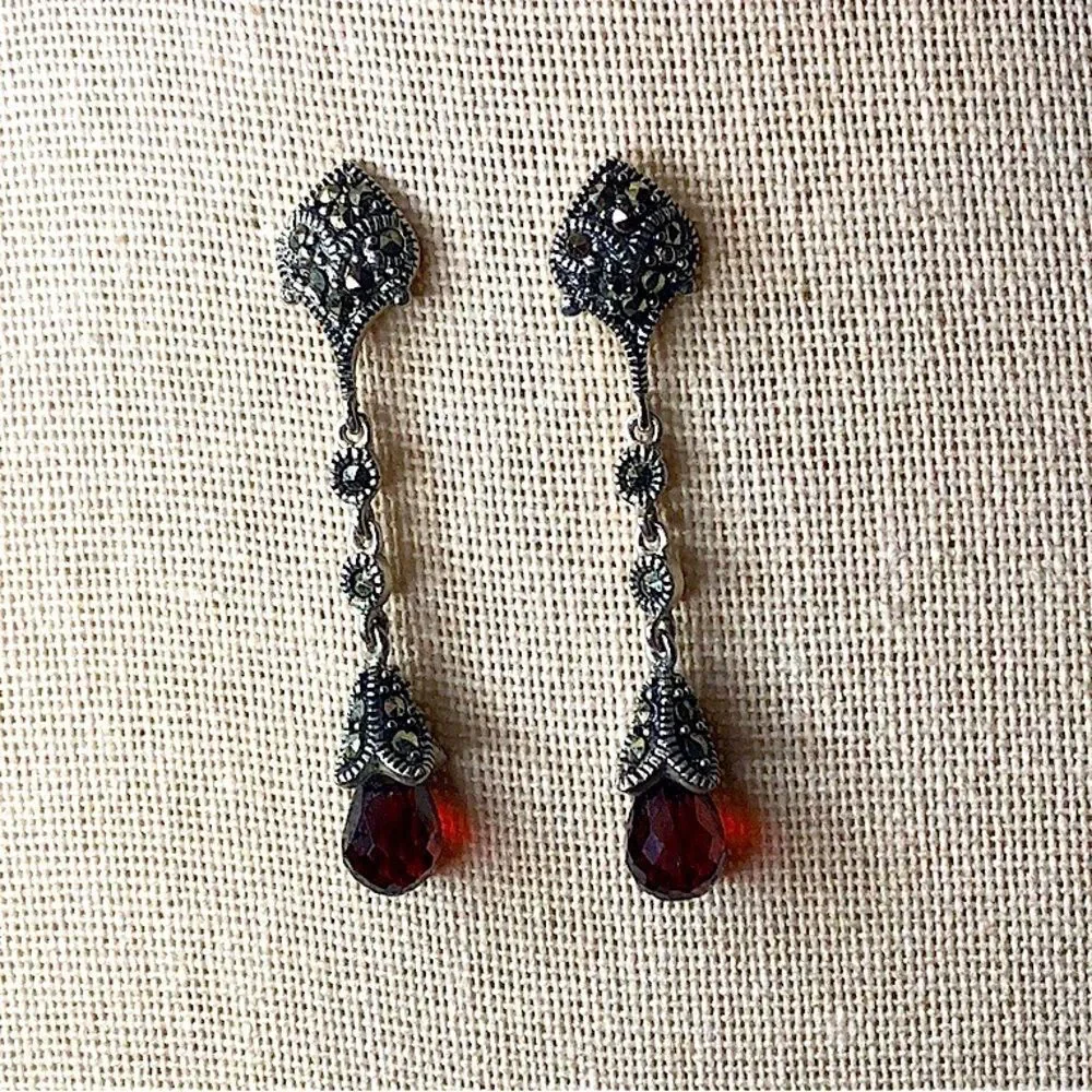 Vintage Red Garnet and Marcasite Long Drop Dangle Sterling Silver Earrings - Picture 10 of 14